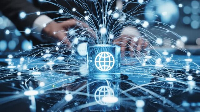 Digital technology ignites innovation, showcasing globe symbolizing connectivity and data flow, while emphasizing modern advancements in global communication and network interactions