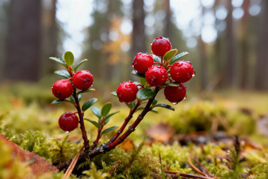 Macro shot of ripe lingonberries (Vaccinium vitis-idaea) on a low bush, vivid red berries with water droplets, detailed leaves and stems, soft blurred background, capturing autumn harvest, ultra-reali