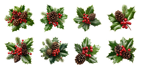 PNG Festive holly and pine cones, element set on transparent background
