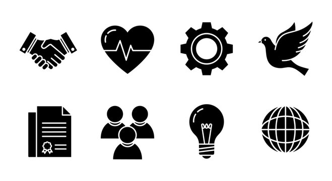 Simple icons set: handshake, heartbeat, gear, dove, document, team, lightbulb, globe
