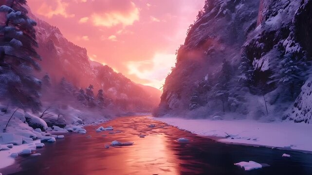 A vivid, highresolution digital artwork depicting a serene winter landscape during sunset. The sky is painted in hues of pink, orange, and purple.