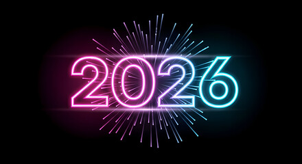 Digital Neon Light Glow Effect Number 2026 Against Dark Black Background Bright Pink Blue Gradient Colors Futuristic Celebration Happy New Year Merry Christmas Eve Theme Fireworks Burst Explosion