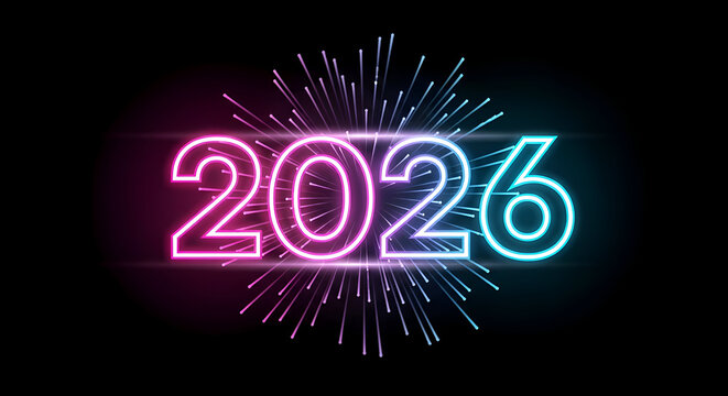 Digital Neon Light Glow Effect Number 2026 Against Dark Black Background Bright Pink Blue Gradient Colors Futuristic Celebration Happy New Year Merry Christmas Eve Theme Fireworks Burst Explosion