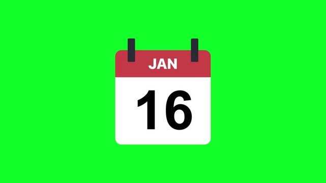 January Tear-off Calendar Icon Date Counting Animation 1 to 31 Green Screen Chroma Key Background