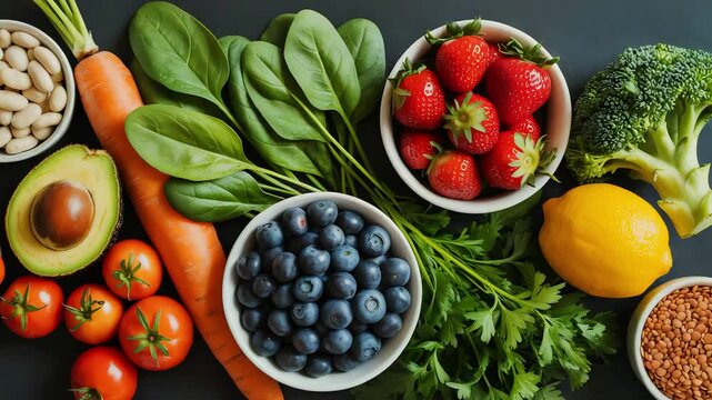 Cinematic Video of Flat-Lay Organic Superfoods on Dark Textured Surface with Soft Natural Lighting