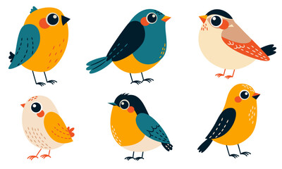 A set of vector illustrations on a white background. Cute bright birds with big eyes. . Vector illustration