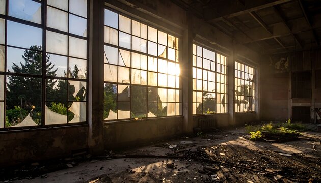 Abandoned, sunlit factory with shattered windows and debris, evoking decay and reclamation
