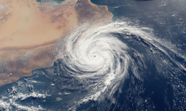 Vibrant aerial view of a powerful cyclone over the ocean