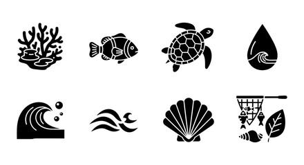 Stylized ocean icons: coral, fish, turtle, waves, shells, and fishing net
