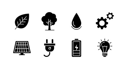 Eco-friendly energy icons set: nature, technology, and innovation in sustainability