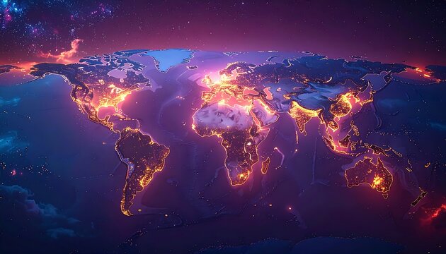 A stylized, warm-toned world map with radiant city lights against a galactic, blue-purple outer space background