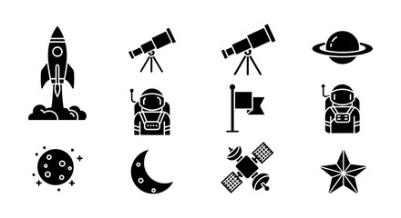 Fototapeta premium Space exploration silhouettes: rocket, astronauts, telescope, planets, and stars