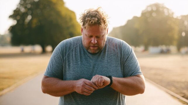 Overweight man checking smartwatch while jogging in park