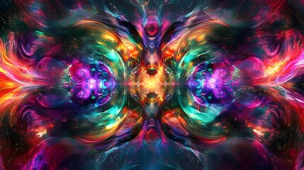 Kaleidoscopic background with vibrant light explosions and multidimensional energy forms.