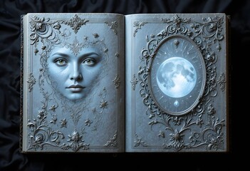 Open spread of enchanted silver book with mystical female face and moon symbol on magical inner pages