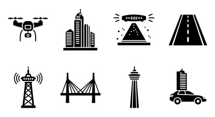 Icon set featuring drone, skyscrapers, ufo, road, tower, bridge, tv tower, and car in silhouette style