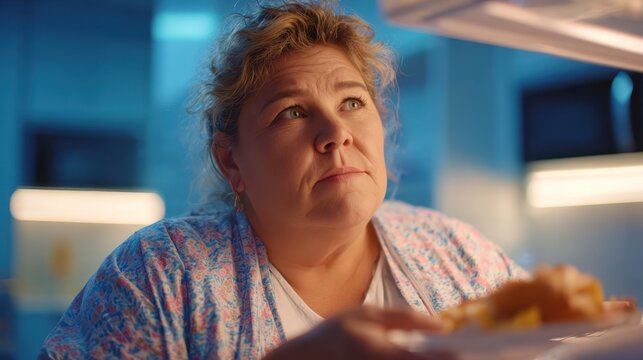 Overweight woman enjoying a late-night snack from the refrigerator