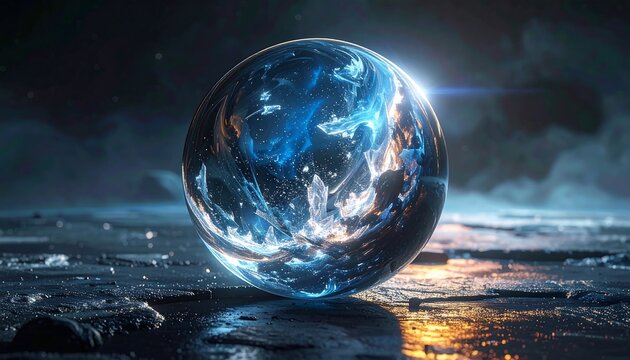 An orb with blue and white energy swirls, on a cracked, reflective surface under a dark, smoky sky