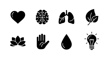 Essential health icons: heart, brain, lungs, leaf, lotus, hand, water, lightbulb – silhouette style