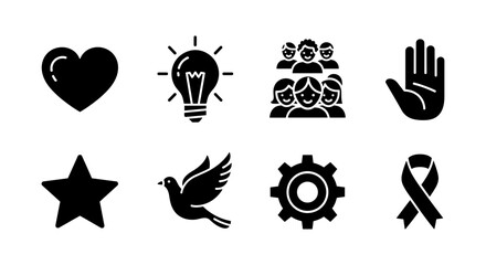 Set of black icons: heart, light bulb, star, people, hand, dove, gear, ribbon