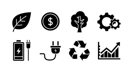 Eco-friendly icons: sustainability, energy, recycling, and growth symbols in black silhouette style