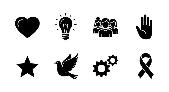 Set of black silhouette icons: heart, lightbulb, people, hand, star, dove, gears, ribbon - Powered by Adobe