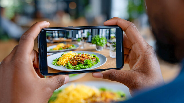 Hands holding a smartphone with a photo of a dish on the screen. Other dishes and drinks are visible in the background on a wooden table.