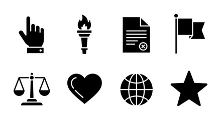 Silhouette icon set: justice, communication, and achievement symbols in black and white