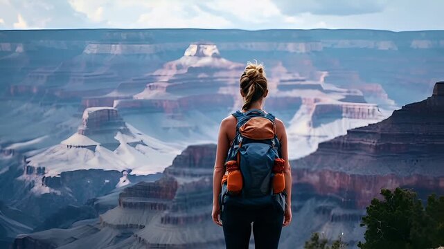 A woman with a backpack stands at the edge of a grand canyon, overlooking a vast expanse of water and land. The sky above is partly cloudy, casting a soft light over the scene.