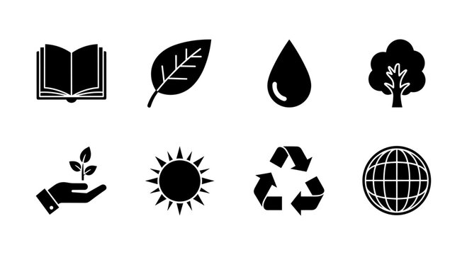 Eco-friendly icons set featuring nature, sustainability, and conservation symbols in black silhouette style