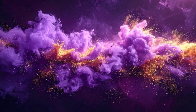 Abstract swirl of purple smoke mingled with glittering gold particles on a dark background, creating a dynamic effect