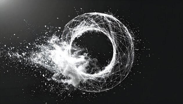 Abstract orb network disintegrating into particles against a dark backdrop, highlighting complexity and disintegration