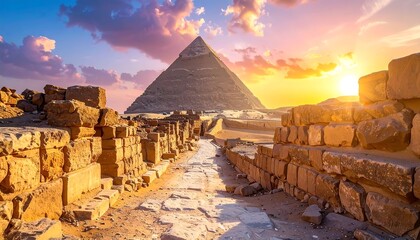 Ancient pyramid view. The horizon glows with a vibrant sunset over rugged stone path and blocks in Egypt