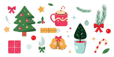 New year and Christmas cute color set. Christmas tree, jingle bells, candy, star, branch. Element for greeting celebration web design. Vector illustration