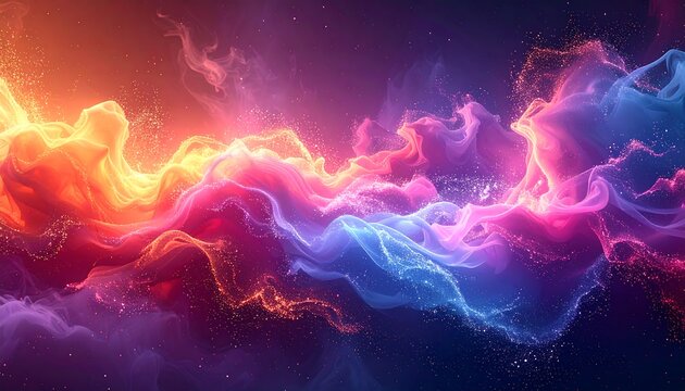 Abstract blend of orange, pink, and blue wispy, smoke-like clouds with shimmering particles on a dark background