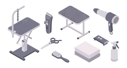 Isometric pet grooming tools set with tables, clippers, and hairdryer