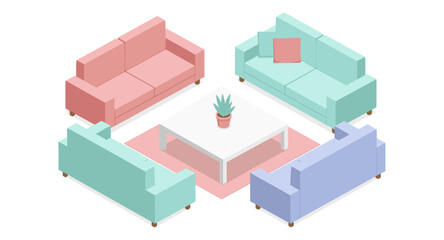 Fototapeta premium Modern isometric sofa arrangement with coffee table and plant in pastel colors