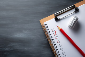 A clipboard with a red pencil on it and a red check mark