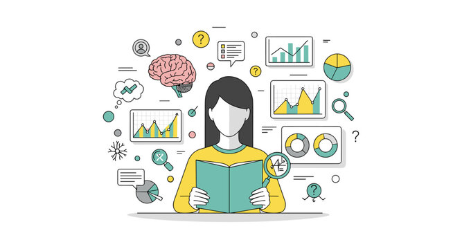 Data analysis concept with woman reading amidst charts and graphs in modern flat design - Powered by Adobe