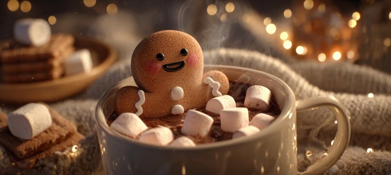 Gingerbread Man in Hot Chocolate with Marshmallows in Cozy Holiday Setting - Powered by Adobe
