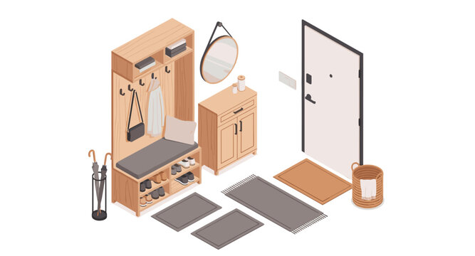 Modern isometric entryway with wooden furniture and decor elements in neutral tones