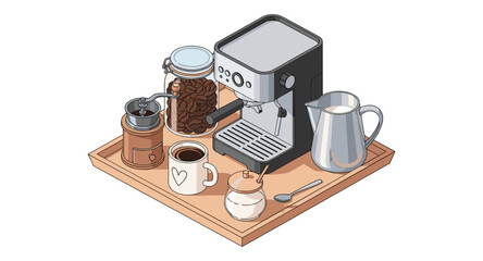 Isometric coffee maker set with grinder, cup, and accessories on wooden tray
