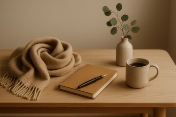 Cozy workspace featuring a warm scarf, a notebook with a pen, a ceramic mug, and a small vase with greenery, creating a serene and inviting atmosphere for productivity