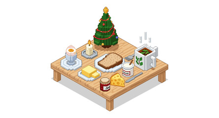 Cozy holiday breakfast with festive decorations on wooden table in isometric design
