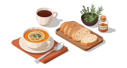 Cozy autumn meal with pumpkin soup, tea, and fresh herbs