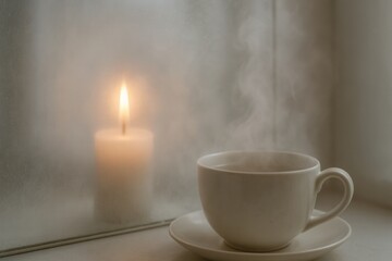 Steaming cup of tea on a saucer beside a lit candle, creating a warm and cozy atmosphere, with soft light filtering through a frosted window, perfect for relaxation and tranquility