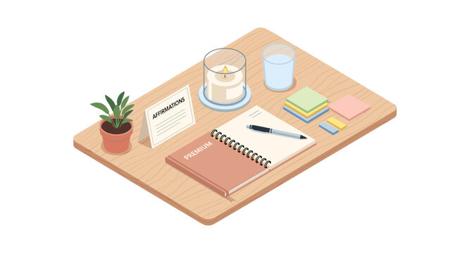 Isometric desk with notebook, candle, and affirmations for productivity and inspiration