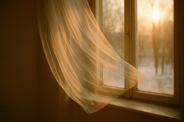 Soft, flowing sheer curtain gently swaying in the warm sunlight streaming through a window, creating a serene atmosphere in a cozy indoor space with natural light