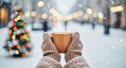Cozy Winter Scene with Hot Drink and Festive Christmas Tree Lights
