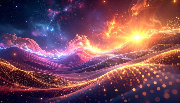 Abstract cosmos. Bright light flares above undulating, colorful nebulae; glittery particles below, celestial scene